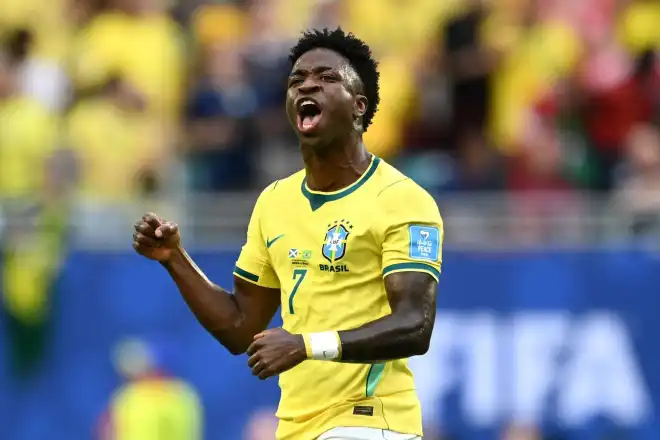 Vini Jr. celebra gol pelo Brasil na Copa do Mundo de 2026