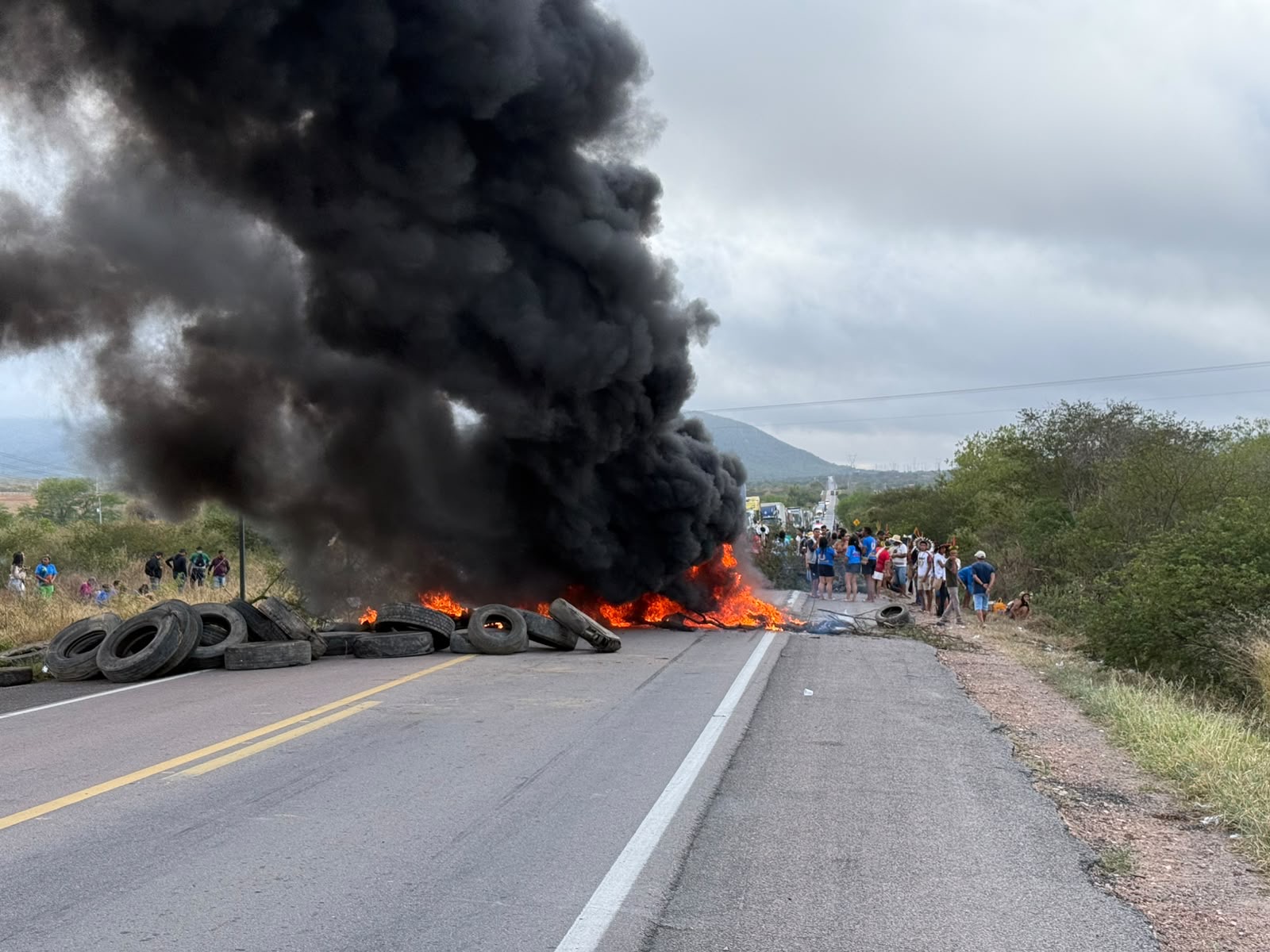 Povos indígenas de seis etnias bloquearam um trecho da BR-423, em Maria Bode, no Alto Sertão de Alagoas, nesta quarta-feira (12), em protesto contra o marco temporal para demarcação de terras indígenas.