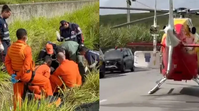 Motorista é resgatado de helicóptero após Kombi capotar na BR-101,