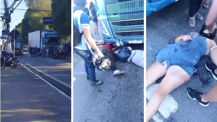 Mulher fica ferida em acidente envolvendo carreta e motocicleta na Av. Fernandes Lima